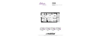 A floor plan for a studio apartment with a kitchen, living room, bedroom, and bathroom.
