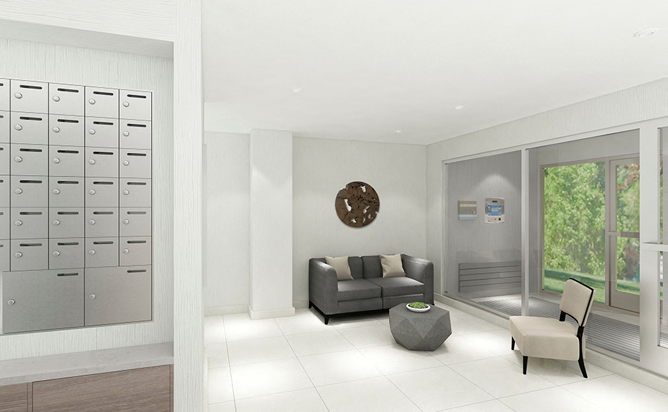 Avalon Apartments rear lobby featuring lounge seating and mailboxes in Edmonton, AB