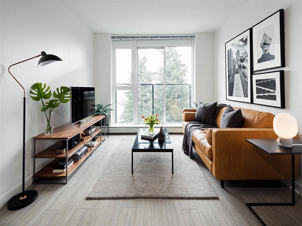 The Duke in Vancouver, BC Modern living room with access to balcony