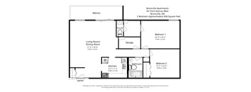 A floorplan of a two bedroom, one bathroom apartment layout at Brockville Apartments in Brockville, ON