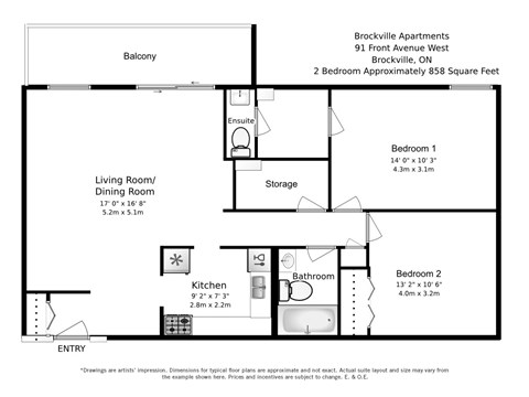 A floorplan of a two bedroom, one bathroom apartment layout at Brockville Apartments in Brockville, ON