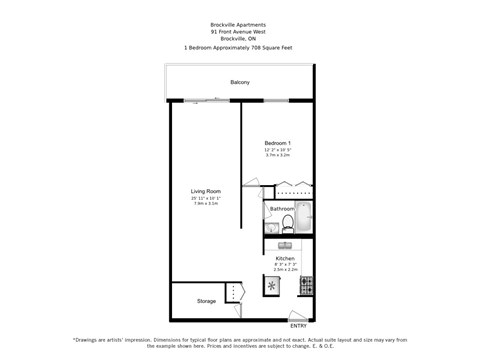 A floorplan of a one bedroom, one bathroom apartment layout at Brockville Apartments in Brockville, ON