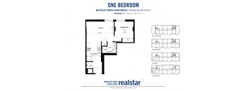 1 bedroom 1 bathroom floor plan with walk-in shower at Bayfield Tower Apartments in Barrie