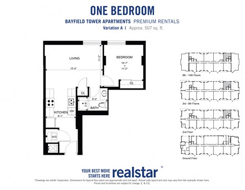 1 bedroom 1 bathroom floor plan with walk-in shower at Bayfield Tower Apartments in Barrie