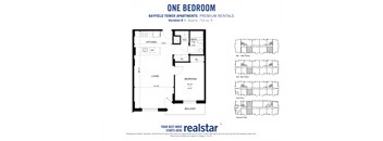 1 bedroom 1 bathroom floor plan with open-concept galley kitchen at Bayfield Tower Apartments in Barrie