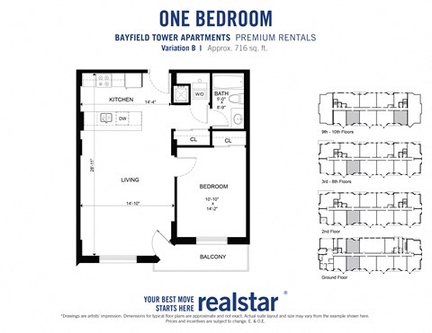 1 bedroom 1 bathroom floor plan with open-concept galley kitchen at Bayfield Tower Apartments in Barrie