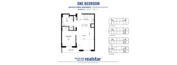 1 bedroom 1 bathroom floor plan with large u-shaped kitchen at Bayfield Tower Apartments in Barrie
