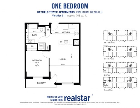 1 bedroom 1 bathroom floor plan with large u-shaped kitchen at Bayfield Tower Apartments in Barrie
