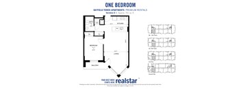 1 bedroom 1 bathroom floor plan with large living room at Bayfield Tower Apartments in Barrie