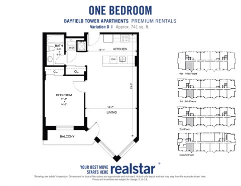 1 bedroom 1 bathroom floor plan with large living room at Bayfield Tower Apartments in Barrie