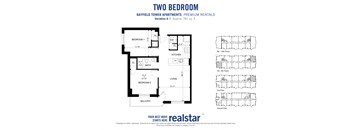 Two bedroom one bathroom floor plan variation A at Bayfield Tower Apartments in Barrie