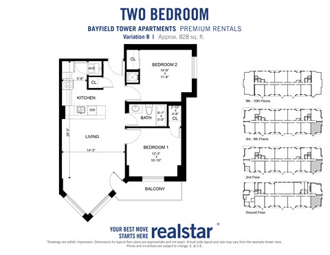 2 bedroom 1 bathroom variation B layout at Bayfield Tower Apartments in Barrie