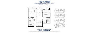 Two bedroom two bathroom floor plan with primary bedroom walk-in-closet and en-sute bathroom at Bayfield Tower Apartments in Barrie