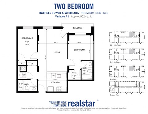 Two bedroom two bathroom floor plan with primary bedroom walk-in-closet and en-sute bathroom at Bayfield Tower Apartments in Barrie