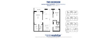 Two bedroom two bathroom floor plan with large walk-in-closet and en-sute bathroom