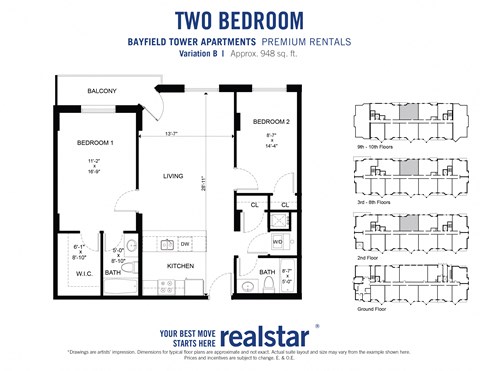 Two bedroom two bathroom floor plan with large walk-in-closet and en-sute bathroom