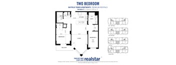 Two bedroom two bathroom floor plan with large living room at Bayfield Tower Apartments in Barrie
