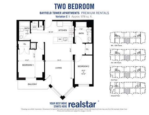 Two bedroom two bathroom floor plan with large living room at Bayfield Tower Apartments in Barrie