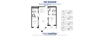 Two bedroom two bathroom floor plan with primary bedroom walk-through and walk-in closets leading to en-suite bathroom