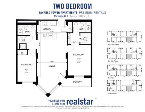 Two bedroom two bathroom floor plan with primary bedroom walk-through and walk-in closets leading to en-suite bathroom