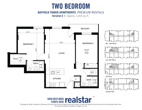 Large two bedroom two bathroom floor plan at Bayfield Tower Apartments in Barrie