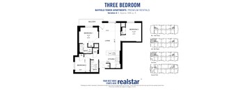 Three bedroom two bathroom floor plan with walk-in shower in primary bedroom en-suite