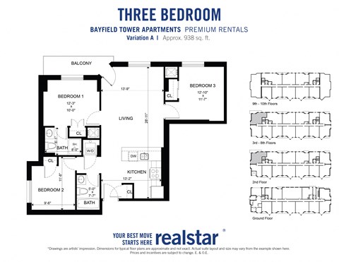 Three bedroom two bathroom floor plan with walk-in shower in primary bedroom en-suite