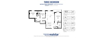 Large three bedroom two bathroom floor plan located on 9th and 10th floors