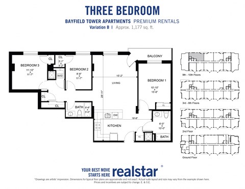 Large three bedroom two bathroom floor plan located on 9th and 10th floors