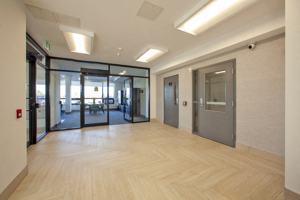 Lobby looking towards social room at Bayfield Tower Apartments in Barrie, ON