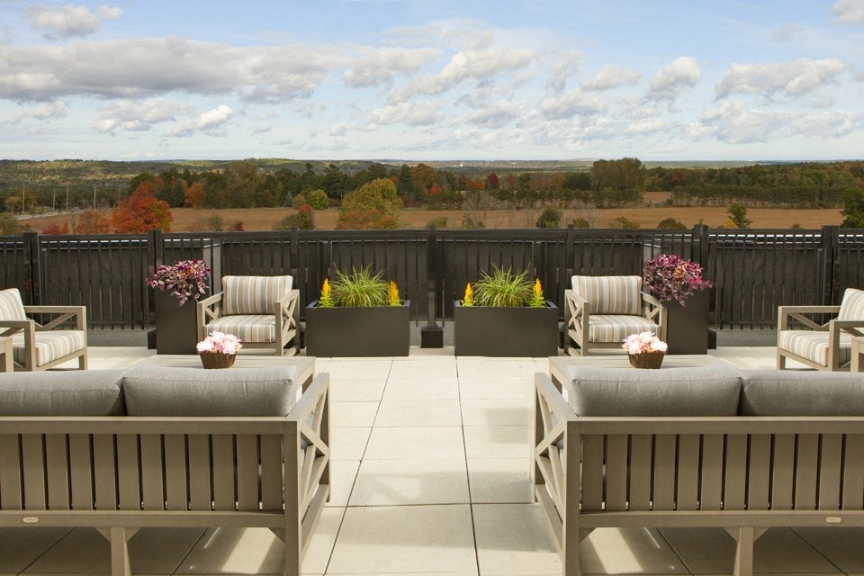 Rooftop terrace north-facing view at Bayfield Tower Apartments in Barrie, ON