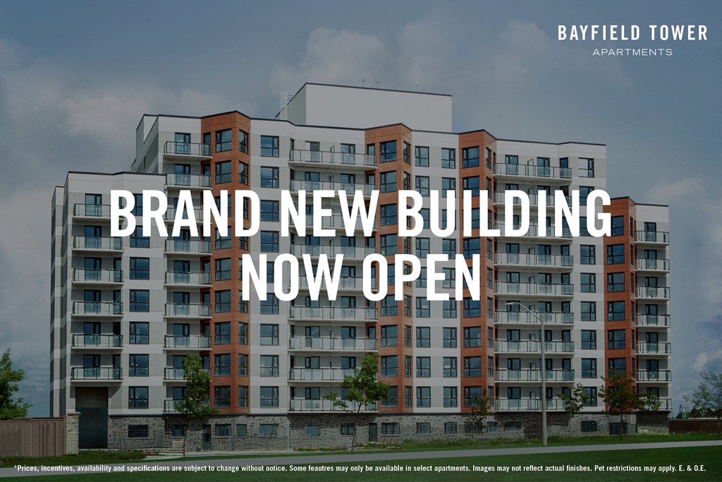 Bayfield Tower Apartments in Barrie, ON exterior image with text overlay saying