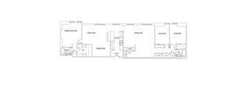 A floor plan of a house with a primary bedroom, two living rooms, two bedrooms, a dining room, an office, a laundry room, a garage, and a storage room.