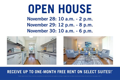 A flyer advertises an open house with dates and times, and offers a free one-month rent on select suites.
