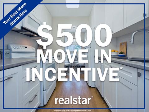 500 move in incentive in a white kitchen