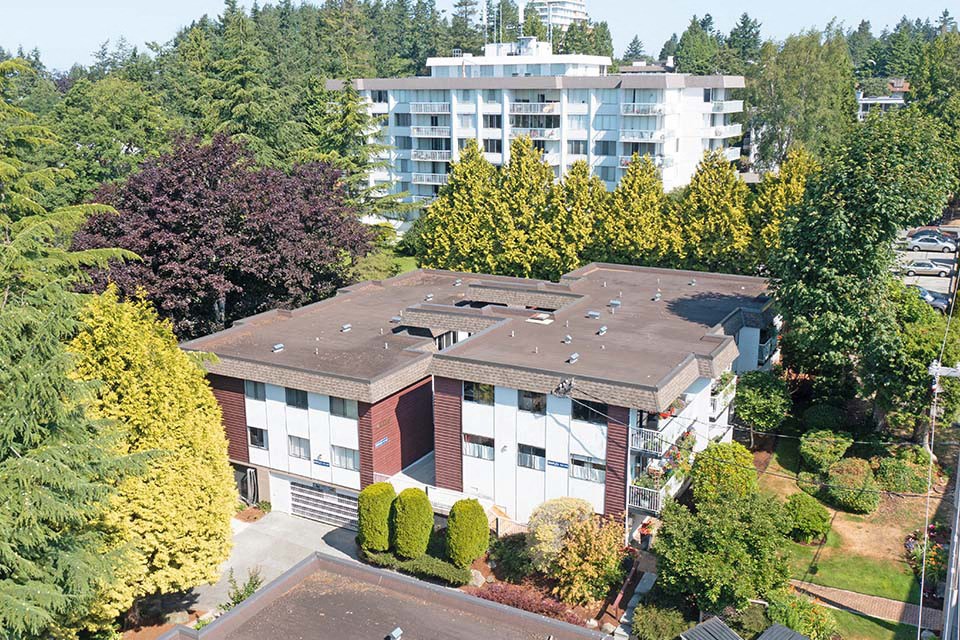 Bayview Gardens Apartments drone image of both buildings in White Rock, BC