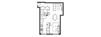 One bedroom, one bathroom apartment layout at Bayview Gardens Apartments in White Rock, BC
