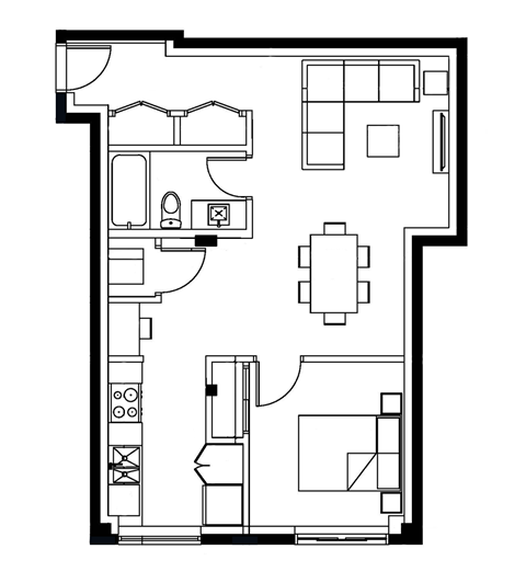 One bedroom, one bathroom apartment layout at Bayview Gardens Apartments in White Rock, BC
