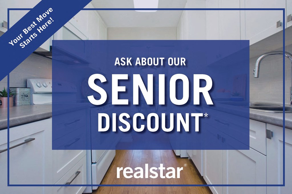 a remodeled kitchen with the text ask about our senior discount