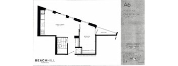 One bedroom, one bathroom apartment layout at BeachHill Apartments in Toronto, ON