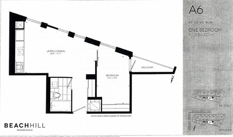 One bedroom, one bathroom apartment layout at BeachHill Apartments in Toronto, ON