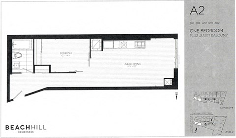One bedroom, one bathroom apartment layout at BeachHill Apartments in Toronto, ON