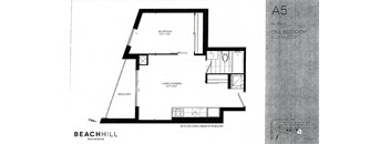 One bedroom, one bathroom apartment layout at BeachHill Apartments in Toronto, ON