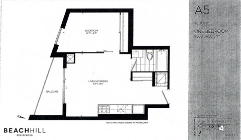 One bedroom, one bathroom apartment layout at BeachHill Apartments in Toronto, ON
