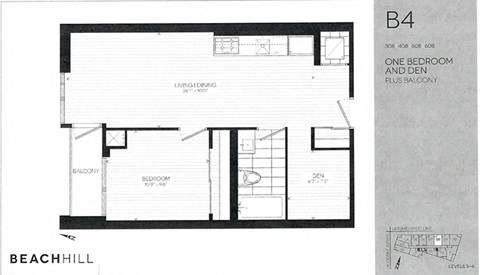 One bedroom plus den, one bathroom apartment layout at BeachHill Apartments in Toronto, ON