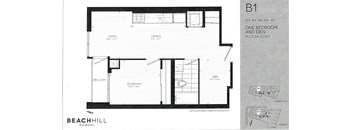 One bedroom plus den, one bathroom apartment layout at BeachHill Apartments in Toronto, ON
