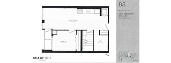 One bedroom plus den, one bathroom apartment layout at BeachHill Apartments in Toronto, ON