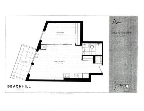 One bedroom, one bathroom apartment layout at BeachHill Apartments in Toronto, ON