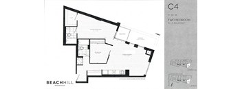 Two bedroom, two bathroom apartment layout at BeachHill Apartments in Toronto, ON