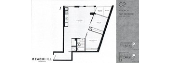 Two bedroom, one bathroom apartment layout at BeachHill Apartments in Toronto, ON